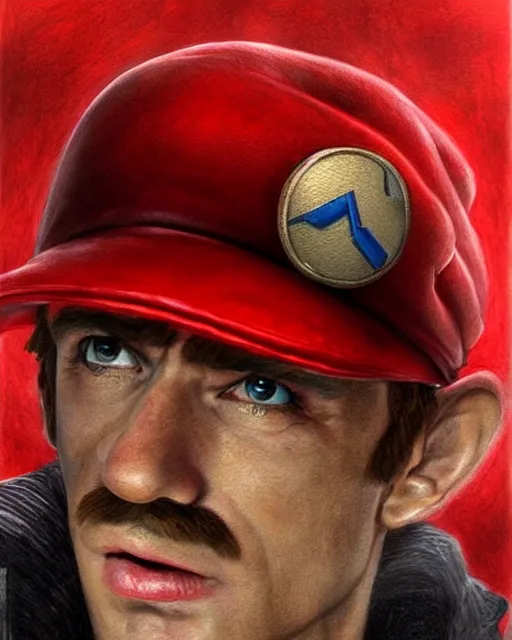 Image similar to portrait of super mario in lord of the rings, red cap, beautiful, very detailed, hyperrealistic, medium shot, very detailed painting by Glenn Fabry, by Joao Ruas