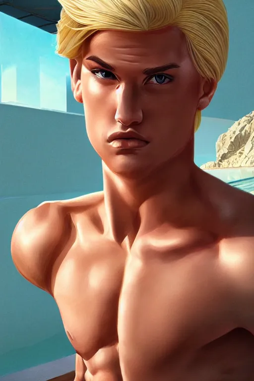 Prompt: a handsome man with blonde hair, ken doll, male android, muscular, wearing a cut-off white top and short light orange shorts, stands by a swimming pool, facing forward, in the style of artgerm and moebius and annie liebovitz, photorealistic, highly detailed, trending on artstation