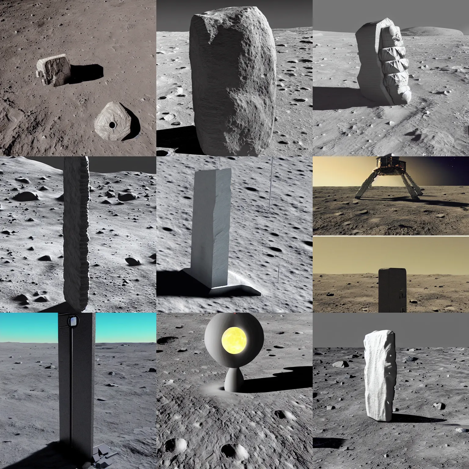Prompt: a replica monolith prop on the moon, 4 k, artstation, pinterest.