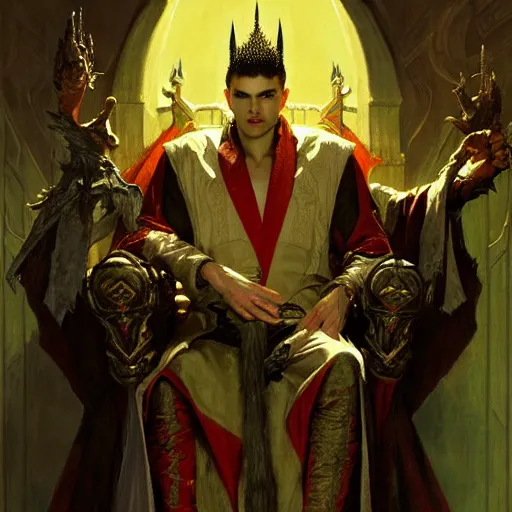 Image similar to perfectly centered portrait of attractive vampire king in a robe sitting on a throne of bones, highly detailed painting by gaston bussiere, craig mullins, j. c. leyendecker, 8 k