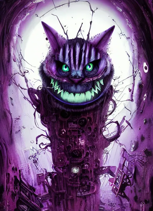 Prompt: cheshire cat, matrix, cyberpunk, highly detailed, cinematic, 8 k, by megan duncanson, benjamin lacombe, adrian borda, stanley artgermm, tom bagshaw, craig mullins, carne griffiths, ayami kojima, beksinski, giger, trending on deviantart, hyper detailed, horror, full of colour