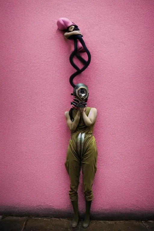 Image similar to a surreal portrait of intertwined and contorted figures wearing gas mask next to a pink wall in the style of brooke didonato, editorial fashion photography from vogue magazine, full shot, nikon d 8 1 0, ƒ / 2. 5, focal length : 8 5. 0 mm, exposure time : 1 / 8 0 0, iso : 2 0 0