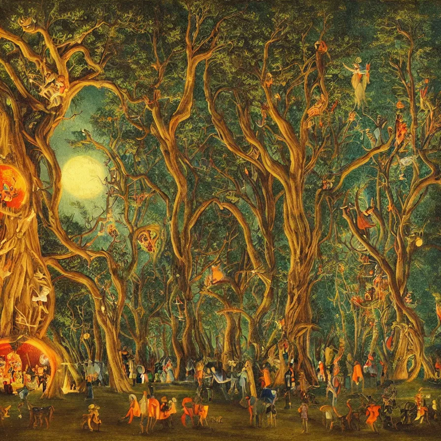 Image similar to a night carnival around a magical tree cavity, with a surreal orange moonlight and fireworks in the background, next to a lake with iridiscent water, christmas lights, folklore animals and people disguised as fantastic creatures in a magical forest by summer night, masterpiece painted by georg friedrich kersting, dark night environment