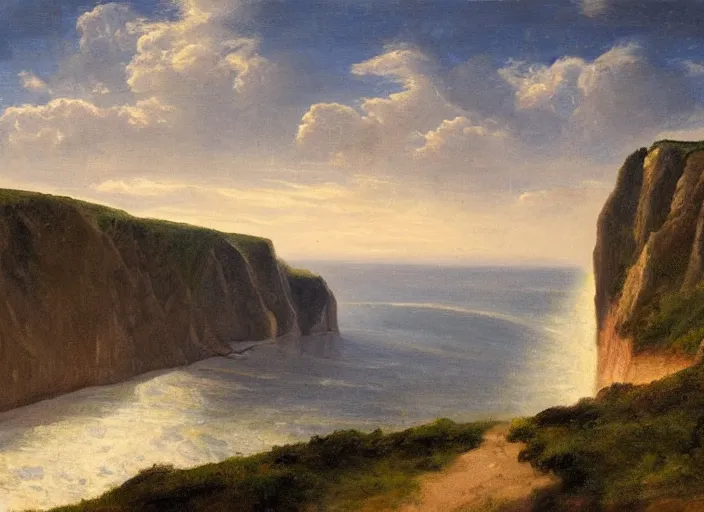 Image similar to cliffs of dover, uk in the style of hudson river school of art, oil on canvas, no frame