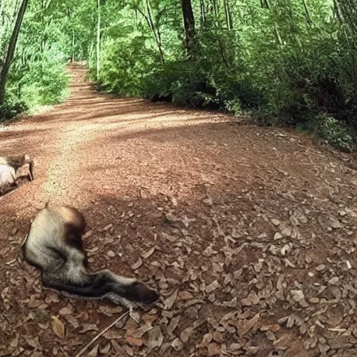 Image similar to walter white laid down on the ground in a trailcam footage