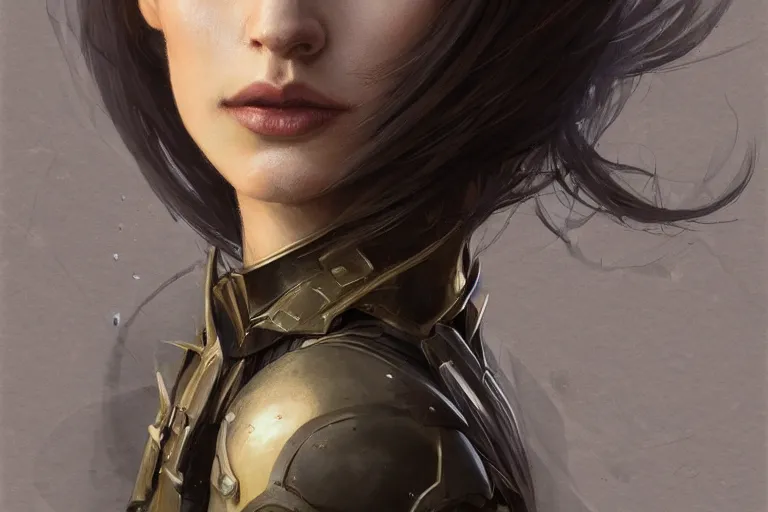 Image similar to a portrait of an attractive young woman, clothed in battle armor, olive skin, long dark hair, beautiful bone structure, symmetrical facial features, intricate, elegant, highly detailed, digital painting, trending on Artstation, concept art, smooth, sharp focus, illustration, from Metal Gear by Ruan Jia and Mandy Jurgens and Artgerm and greg rutkowski and william-adolphe bouguerea, award winning