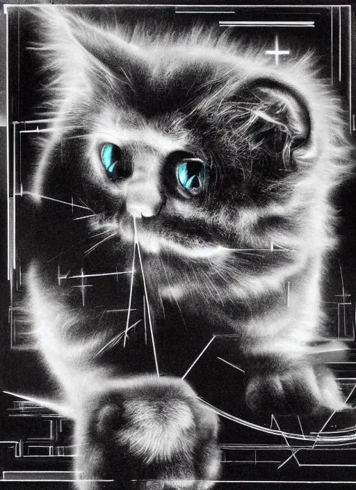 Image similar to futuristic lasers tracing, laser cat, selkirk rex longhair, by steven meisel, kaws, rolf armstrong, mondrian, kandinsky, perfect geometry abstract acrylic, octane hyperrealism photorealistic airbrush collage painting, dark monochrome, fluorescent colors, minimalist rule of thirds, eighties eros