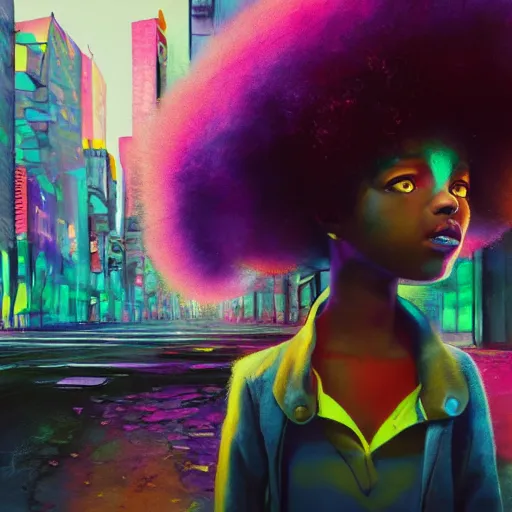 Image similar to a black girl with a colorful afro and big cute eyes walking in a cyberpunk street, low angle shot, cinematic, colorful, trending on artstation, bright colors, watercolor, volumetric wool felting, felt, macro photography, children illustration, by goro fujita