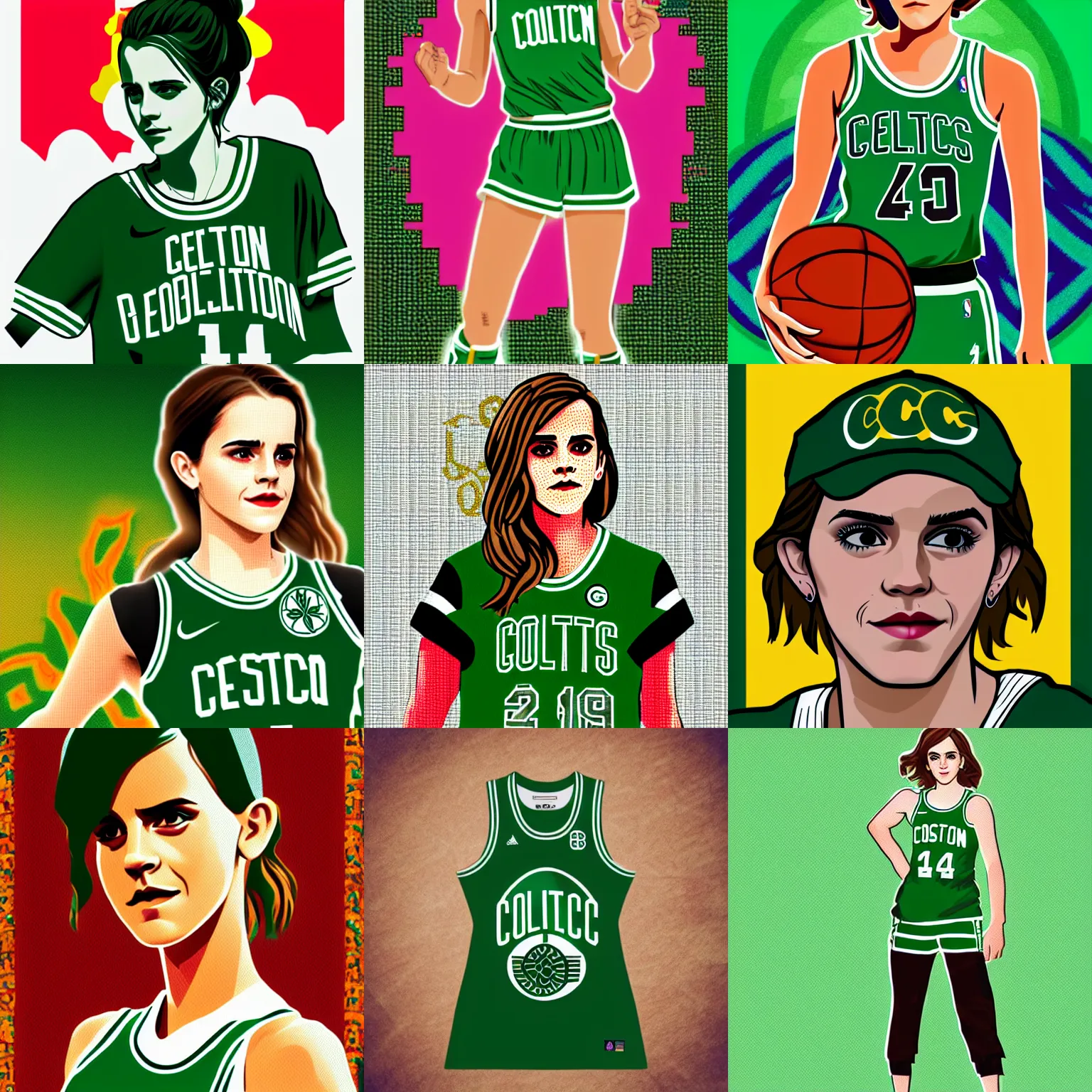 Prompt: emma watson wearing boston celtics uniform, retro wave fanart, thangka, alhambresque, digitalart