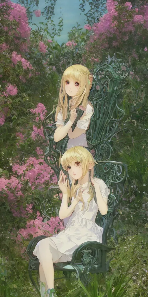 Prompt: a digital art of a loli with long hair in a dress sitting on a garden chair in the privet garden at after noon, green and warm theme, back lighting, by krenz cushart and mucha and akihito yoshida and greg rutkowski and makoto shinkai, extremely long shot, detailed eyes, 4 k resolution, trending on art station