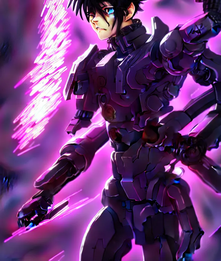 Image similar to a detailed manga illustration character full body portrait of a dark haired cyborg anime man wreathed in purple fire, trending on artstation, digital art, 4 k resolution, detailed, high quality, sharp focus, hq artwork, insane detail, concept art, character concept, character illustration, full body illustration, cinematic, dramatic lighting