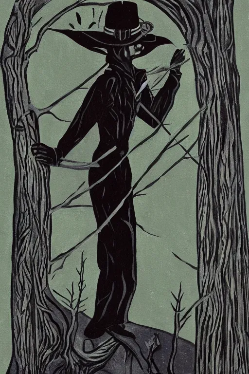 Image similar to a dark art deco painting of a handsome cowboy tied to a tree with wiccan symbols painted on him | background is dark twisted woods | tarot! card, art deco, art nouveau | by Mark Maggiori | trending on artstation