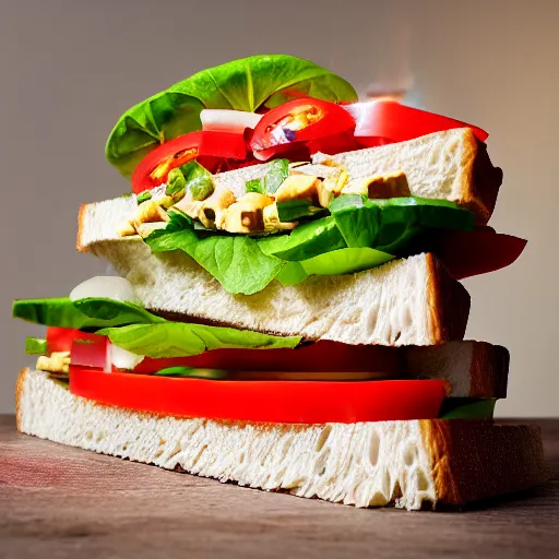 Image similar to sandwich of led lights with tofu, tomat, onion, jalapeno and cheddar, studio photo, amazing light