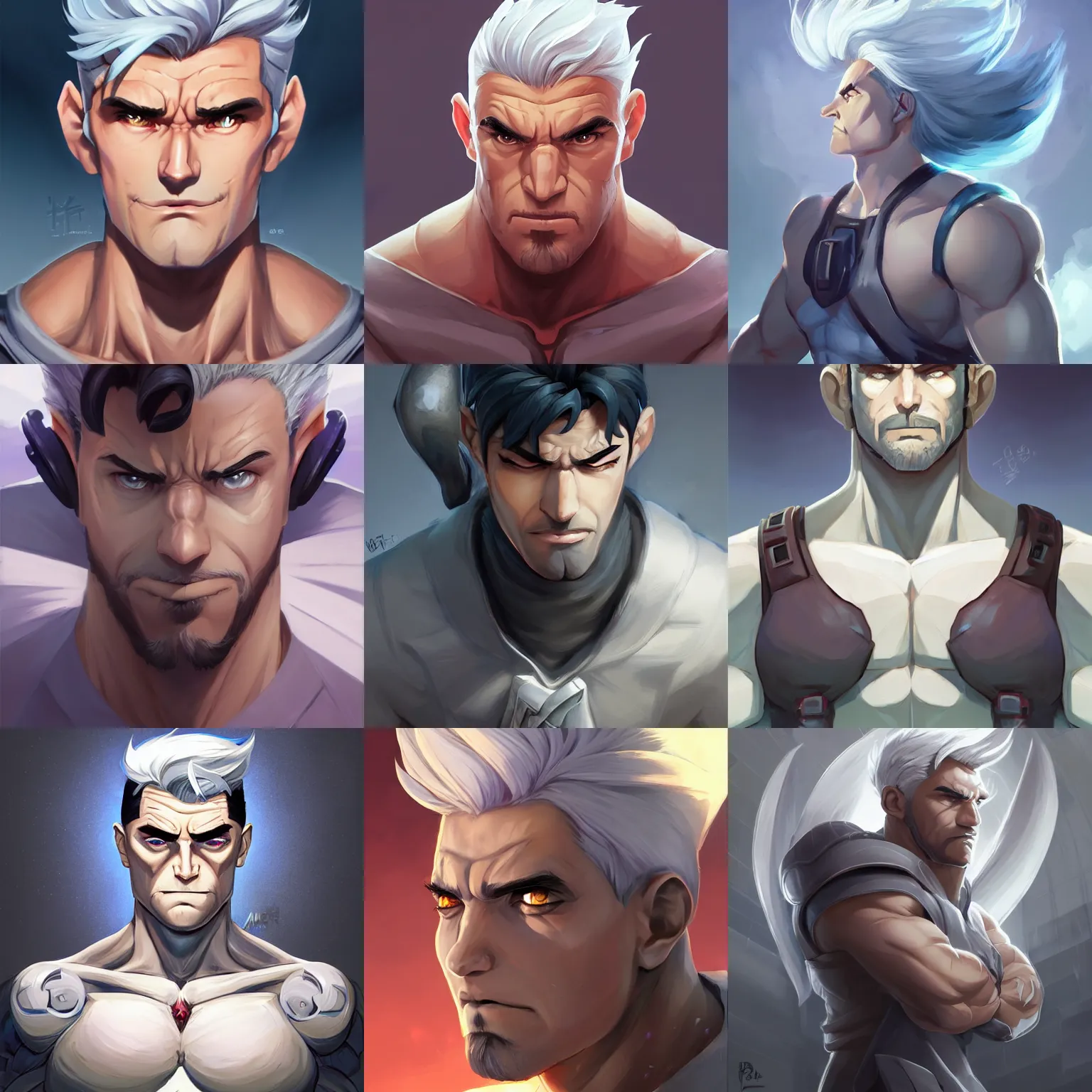 Prompt: portrait muscular handsome hero fantasy art heartstone video game icon, gray hair over ears, long bangs, silver fox, 2 d game art gta cover, official fanart behance hd artstation by jesper ejsing, by rhads, makoto shinkai and lois van baarle, ilya kuvshinov, rossdraws