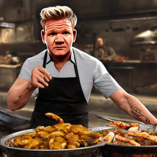 Image similar to gordon ramsay as street food vendor in fallout new vegas, very detailed, realistic, 4 k, professional photography