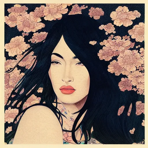 Prompt: “ megan fox portrait by ikenaga yasunari and ayana otake and ko rakusui, 6 0 s poster, drawing, realistic, sharp focus, japanese, dreamy, nostalgia, faded, golden hues, floral clothes, porcelain skin ”