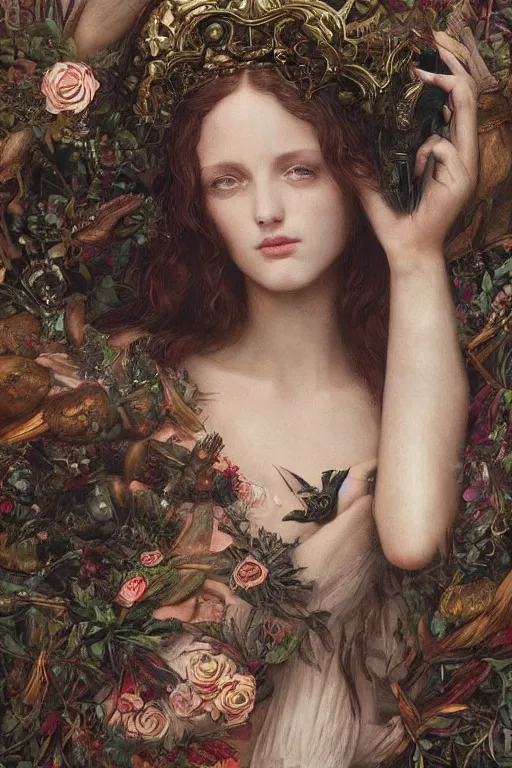 Image similar to An extremely beautiful pre-raphaelite portrait of a very beautiful and cute witch, surreal, ultradetailed, intricate, elegant, digital art painting, concept art, smooth, sharp focus, poster art, art cover illustration, regal, award winning picture, extremely detailed masterpiece, sense of awe, featured on artstation, Artgerm, effervescent punk kawaii-noir pastel bubbles, winning award piece, ethereal rainbows, Aetherpunk, low-key neon lightning, stormy weather, Exquisite details, 8K detail post-processing, matte, oil painting