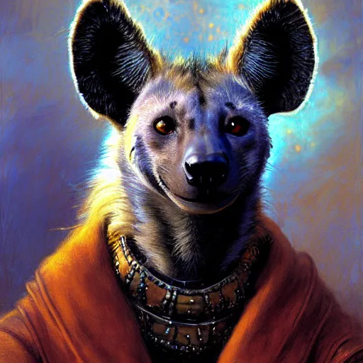 Image similar to a portrait of a hyena hyenaman canine in wizard robes. cinematic zootopia fursona furaffinity furry art detailed face painting by gaston bussiere craig mullins jc leyendecker gustav klimt artgerm greg rutkowski furry