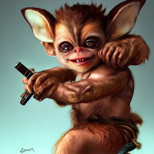 Image similar to portrait of a very very cute gizmo mogwai gremlin barbarian, muscular, wild, upper body, d & d, fantasy, intricate, cinematic lighting, highly detailed, digital painting, artstation, concept art, smooth, sharp focus, illustration, art by hajime sorayama