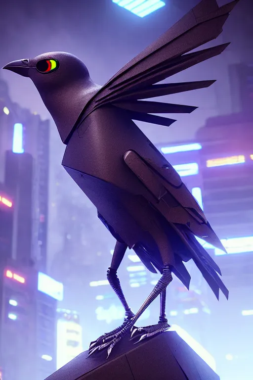 Image similar to high quality 3 d render very cute cyborg crow! incorporated speakers!, cyberpunk highly detailed, unreal engine cinematic smooth, in the style of blade runner & detective pikachu, hannah yata charlie immer, moody light, low angle, uhd 8 k, sharp focus