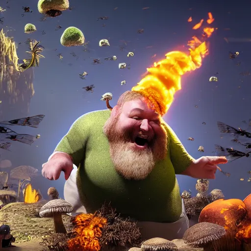 Prompt: highly detailed octane render of a short ugly fat man with a giant beard laughing at a green mushroom cloud surrounded by dead insects in a cave