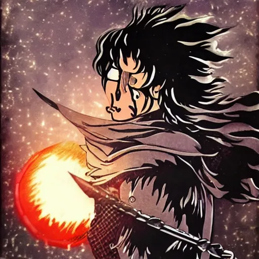 Image similar to rocking star yash as a knight in the style of berserk, by kentaro miura