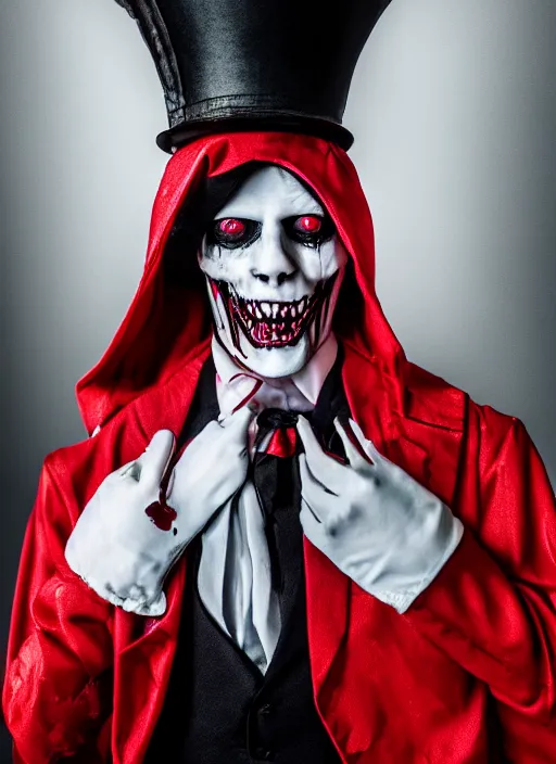 Image similar to the grim - hatter wears the scarlet straitjacket and blood crown, cinematic lighting, various refining methods, micro macro autofocus, ultra definition, award winning photo