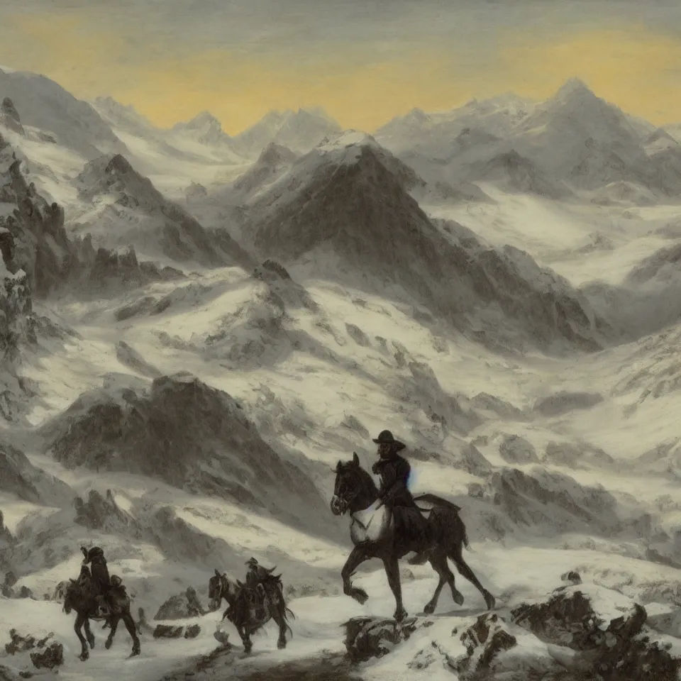 Image similar to dark figure on horseback in an icy landscape with snow covered mountains in the distance, Kristian Wåhlin,