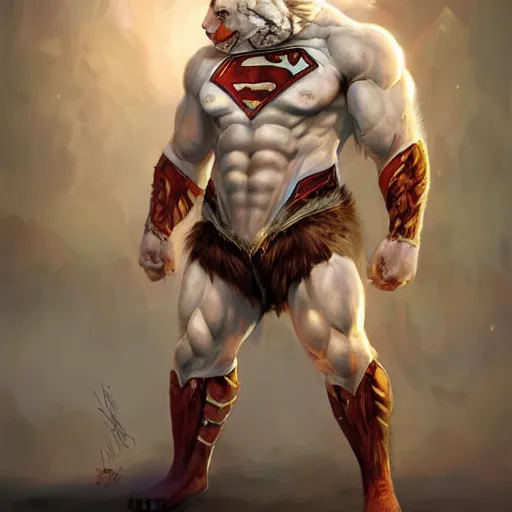 Image similar to a esthetic portrait commission of a muscular antrho albino tiger wearing the superman outfit,hyperdetailed face,character design by charlie bowater,ross tran,artgerm,makoto shibkai,photorealistic,western comic book art,film poster,deviantart,artstation