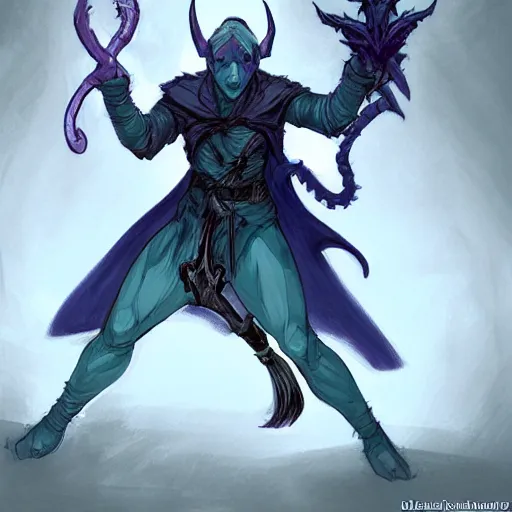 Image similar to D&D character concept art of a cloaked tiefling, tiefling rogue, blue skin color with short horns and a devil tail, fighting pose of a Rogue holding daggers, black cloak hidden in shadows, full body pose, soft colors, fantasy, intricate, elegant, highly detailed, digital painting, artstation, concept art, smooth, sharp focus, illustration, wide angle shot, full body visible, art by artgerm and H R Giger and alphonse mucha