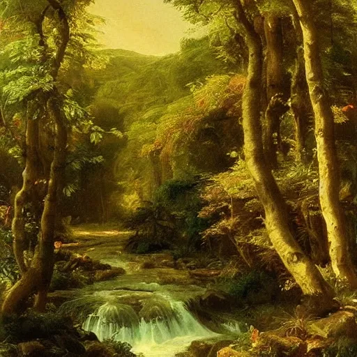 Prompt: There is a stream flowing through a peaceful forest. The sun shines through the trees, dappling the ground with light. The stream babbles gently. An oil painting by Thomas Cole