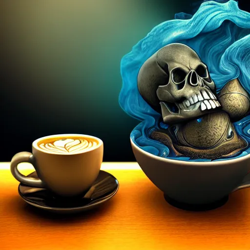 Image similar to a beautiful detailed 3 d matte whirlpool in a cup of coffee on a desk, ominous, magical realism, texture, intricate, skull, skeleton, whirling smoke radiant colors, fantasy, volumetric lighting, high details