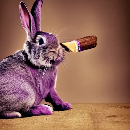 Image similar to a violet rabbit smoking a cigar, stock photo