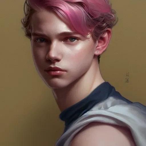 Prompt: teen boy, pink hair, intricate, elegant, portrait, highly detailed, digital painting, artstation, concept art, smooth, sharp focus, illustration, art by artgerm and greg rutkowski and alphonse mucha