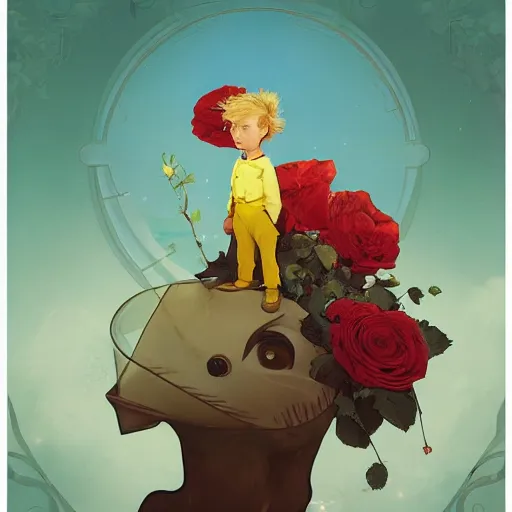 Prompt: the little prince, clear face, roses, foxes, poster, by andrei riabovitchev, shaun tan, alphonse mucha, and peter mohrbacher, trending on artstation, fairy tale cover