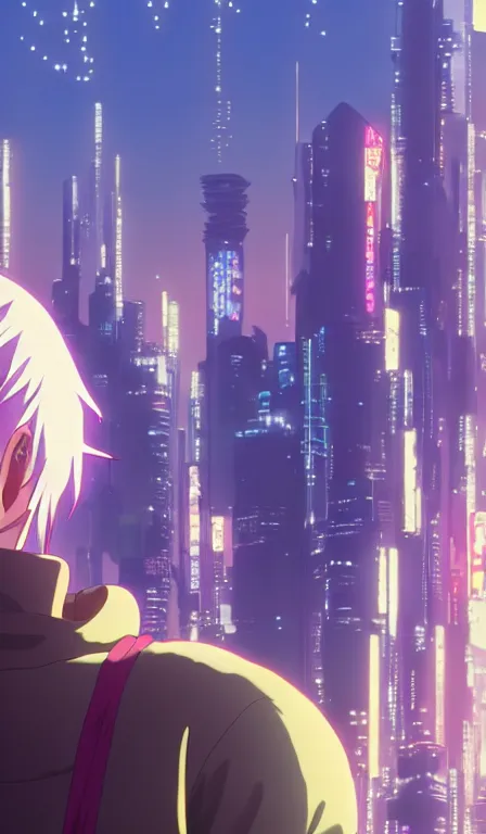 Image similar to anime fine details portrait of Buu in front of cyberpunk moder city landscape on the background deep bokeh, close-up view, anime masterpiece by Studio Ghibli. 8k, sharp high quality anime, artstation