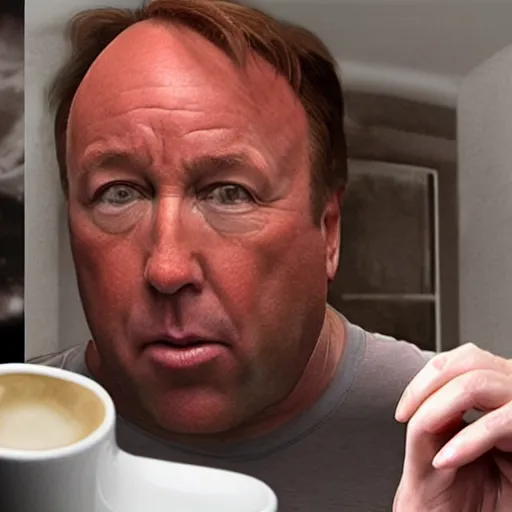 Image similar to alex jones swallowing a coffee mug, photorealistic,