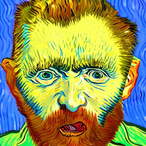 Prompt: painting of a man with insects in his eyes, bloody face, ugly teeth in van gogh style