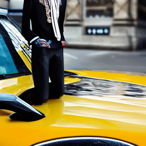 Prompt: close up of a fashion model standing in front of a taxi, official versace editorial, highly detailed