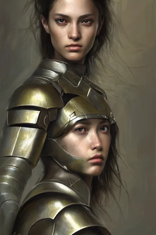 Image similar to a photorealistic painting of an attractive young girl, partially clothed in metal-plated battle armor, olive skin, long dark hair, beautiful bone structure, symmetrical face, perfect eyes, intricate, elegant, digital painting, concept art, illustration, sharp focus, minimal artifacts, from Metal Gear, in the style of Ruan Jia and Mandy Jurgens, by Greg Rutkowski, trending on Artstation, award winning