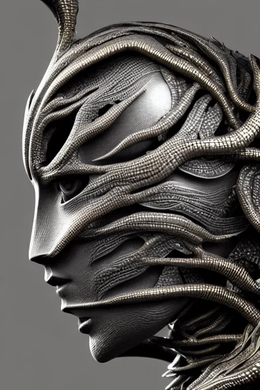 Image similar to bw close - up profile face, black background, beautiful young porcelain vegetal - dragon - cyborg - female, 1 5 0 mm, beautiful natural soft rim light, silver gold details, magnolia leaves and stems, roots, mandelbot fractal, elegant, ultra detailed, white metallic armour, octane render, h. r. giger style