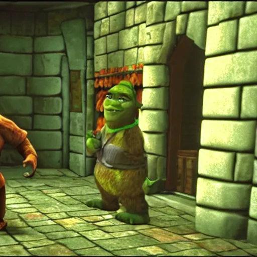 Image similar to film still of shrek on Silent Hill (1999 videogame)