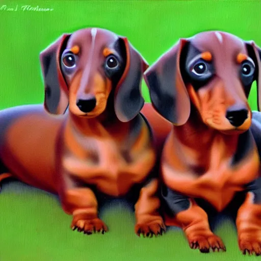 Image similar to color painting of many dachshund puppies nursing,