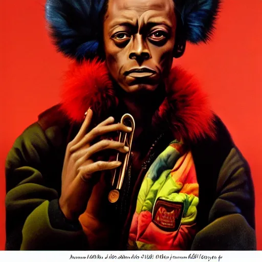 Prompt: beautiful fantasy character portrait, miles davis, bitches brew, wearing puffy bomber jacket with fur, by malti klarwein