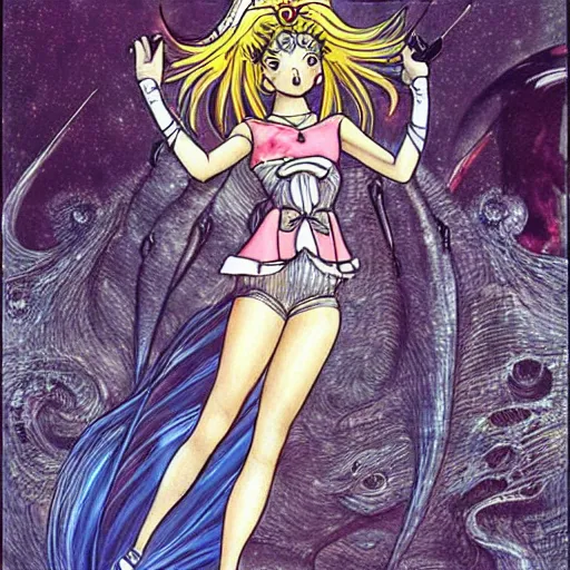 Prompt: sailor moon. art by hr giger