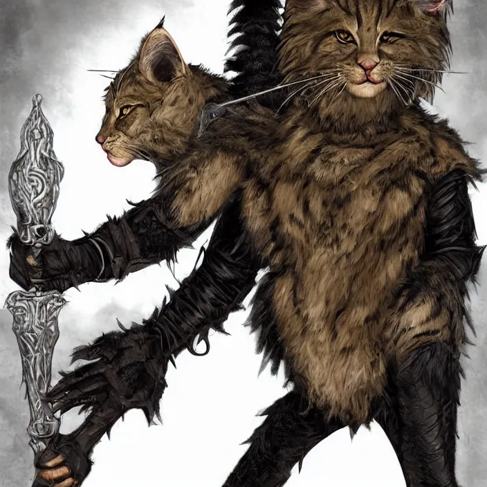 Image similar to Khajit Tabaxi Catfolk Humanoid with Maine Coon features and black fur holding two shortswords cloaked in shadow and wearing leather armor, Dungeons and Dragons, pure white background, Fantasy, Tarot card style, Half Body Portrait, High detail, hyper realistic