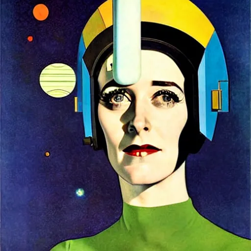 Image similar to art by coles phillips, eva green as a french astronaut from the year 2 5 0 0, blonde hair, blue makeup, green eyes, shiny helmet, mucha, kandinsky, art deco, dark deco,