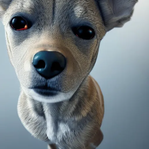 Image similar to crisp quality and light reflections, photorealistic portrait, studio lighting, still photo of a cute dog with human eyes, bright studio setting, highly detailed, unreal engine 5 quality render, uncanny valley