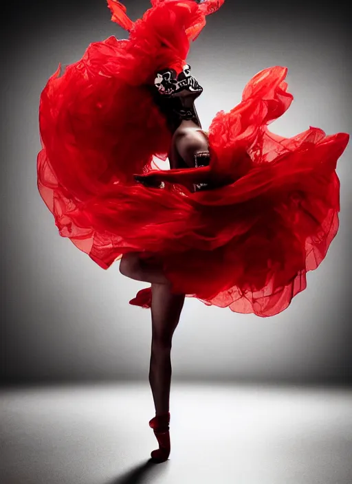 Prompt: a Photorealistic dramatic hyperrealistic render of a glamorous beautiful Mexican Catrina smoke dancer wearing red by Ken Brower and Deborah Ory of NYC Dance project,Lois Greenfield,Flowing cloth and smoke,Beautiful dynamic dramatic dark moody lighting,volumetric,shadows,cinematic atmosphere,Octane render,8K