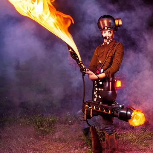 Prompt: long shot photo of a steampunk flamethrower